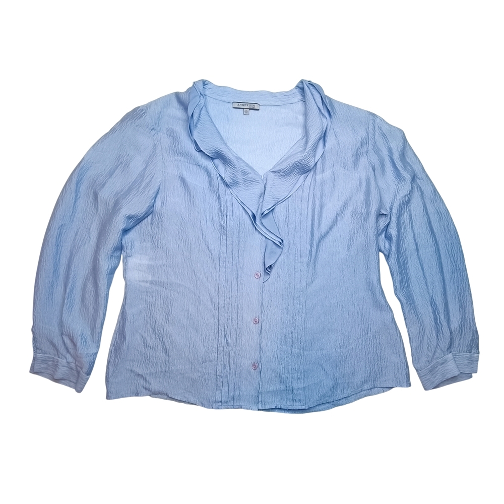 Anne Klein Silk Textured Chiffon Blouse – Icy Blue – Size XL Ruffle Ethereal
